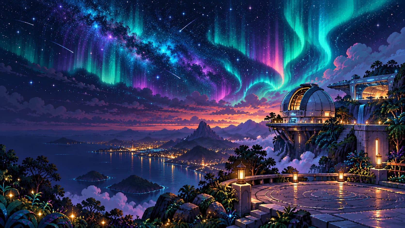Observatório no alto de uma montanha sob um céu de auroras e estrelas cadentes, com uma estação e um hangar iluminados ao fundo