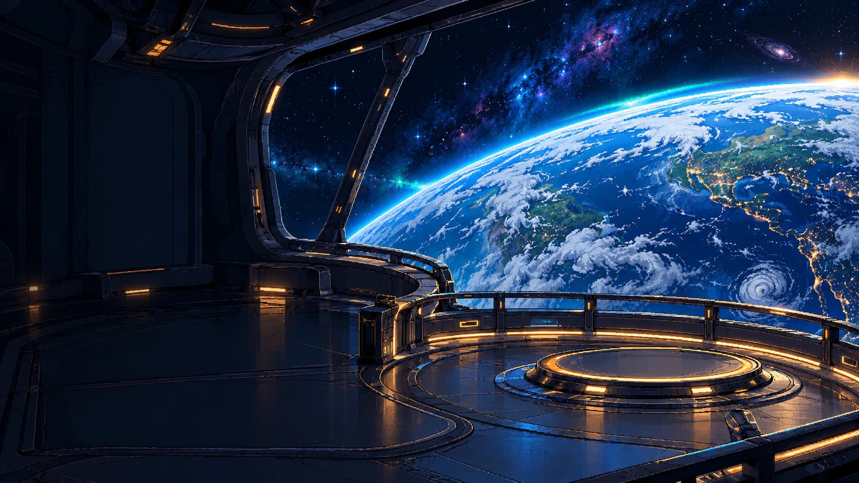 Sala de navegação em órbita, com uma grande janela para a Terra iluminada, auroras na borda do planeta e um pedestal circular de projeção
