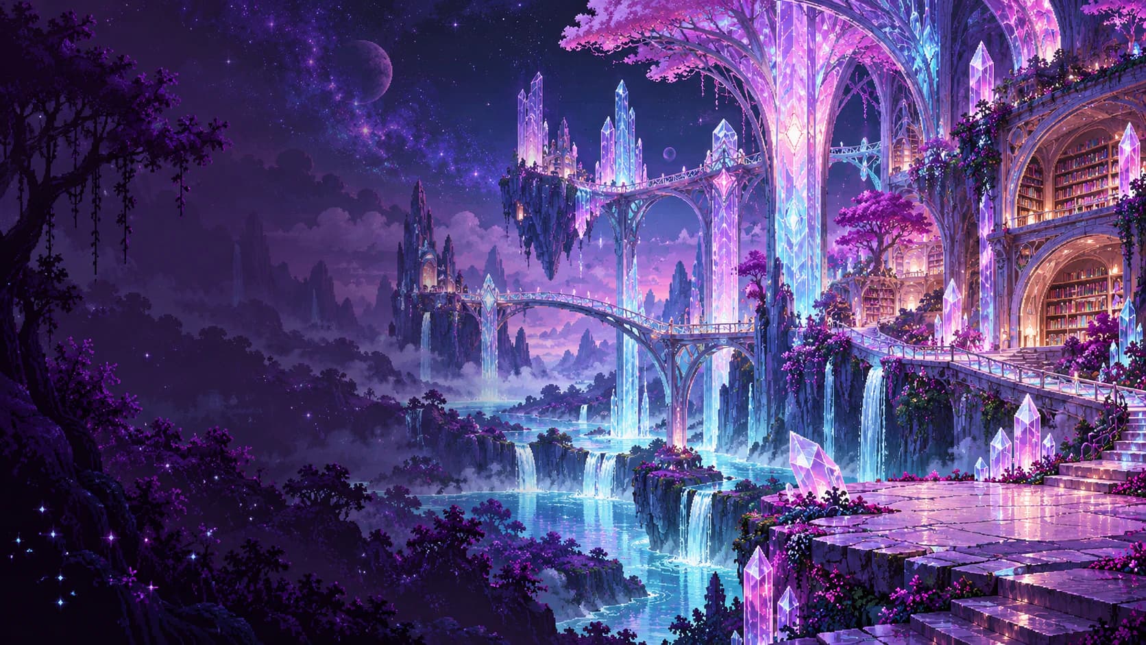 Biblioteca de cristal em Lúmina, com arcos translúcidos, árvores e cachoeiras bioluminescentes em violeta, rosa e ciano