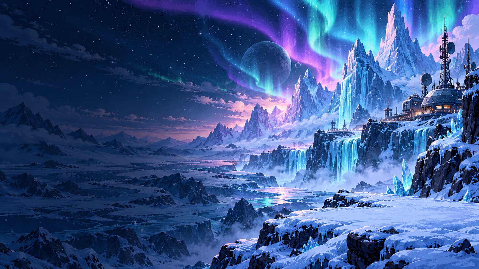 Penhascos de gelo e cachoeiras congeladas sob auroras turquesa e lilás em Nivéora, com uma estação polar ao fundo