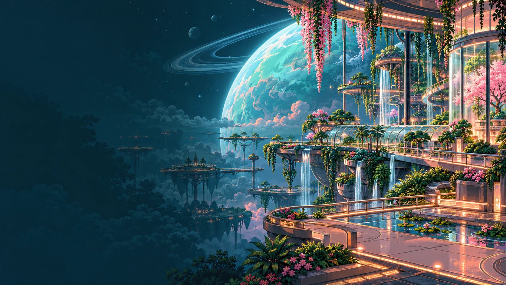 Estação orbital com jardins luminosos e um planeta de anéis, com Glaucia e Prince no terraço à direita